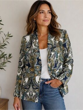 Magaschoni Paisley Linen Blazer SP Blue Yellow Green Long‎ Sleeve